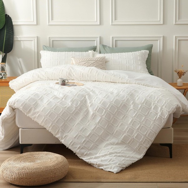 MILDLY Waffle Weave Duvet Cover Set Off White Tufted Duvet