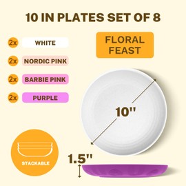 SINOGE Wheat Straw Plates 10 Inch, Unbreakable Dinner Plates Set of 8, Plastic Plates Reusable for Kitchen, Dishwasher and Microwave Safe Multicolor Plate for Kitchen,Party,Outdoors,RV- Floral Feast