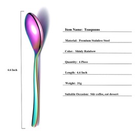 Rainbow Teaspoons, 6-Piece Silverware, Stainless Steel Tea Spoons, Home & Restaurant Use, Dishwasher Safe (6.6 Inches)