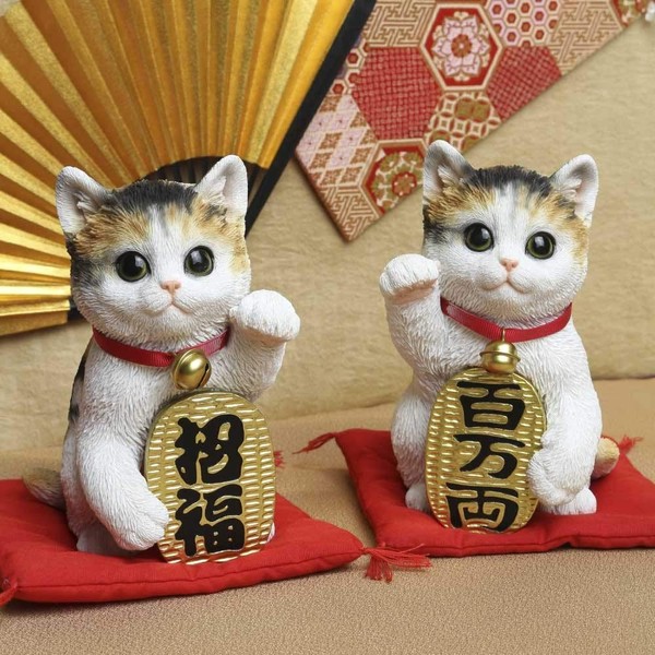 Maneki Neko Mackerel, White, Right Hand Raise "Gold Maneki", Money Luck, Million Ryo, 4.3 x 4.7 x 6.7 inches (11 x 12 x 17 cm), Weight: 15.2 oz (430 g), Mannequin Cat
