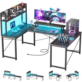 iSunirm U Shaped Gaming Desk, 122" Reversible L Shaped Desk with Hutch, Sturdy Corner Computer Desk with Led Lights, Monitor Stand and Power Outlet, 2 Person Desk for Home Office, Black Oak