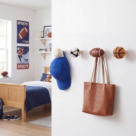 Kathfly 4 Pcs Sports Room Decor for Boys Football Soccer Basketball Baseball Wall Hooks Wool Sport Coat Hooks Wall Mounted Wooden Hanger Decorative Key Holder for Bedroom
