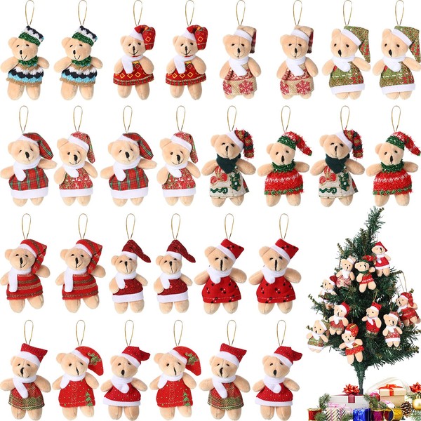 28 Pieces 3 Inches Christmas Joint Mini Bear Stuffed Animal Plush Toy Small Bear Doll Christmas Tree Decorations Christmas Stockings Birthday Cake Wedding Valentines Party Favors Key Chain