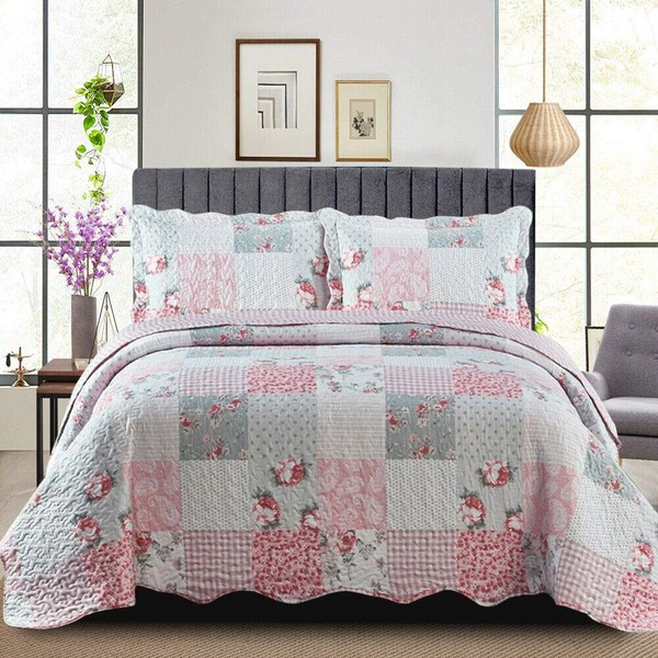 Patchwork Quilt Bedspread Super King Size Bed - 3 Pcs Box Pattern Thick Cotton Filling Bed Warmer Large Blanket Bed Spread With Quilt Fabric 2 Pillowcase - Floral Grey