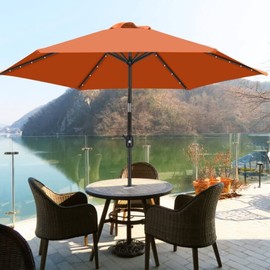 Coral Red Shade Patio Umbrella with Solar Lights, 90'' Size Hexagonal Canopy Shape Lighted, Beautiful, Gorgeous, Weight: 11.79, Durable, UV and Water Resistant | All Season Crank Lift Tilt Push Glam