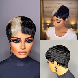 SisBroSis Short Layered Pixie Cut Human Hair Wigs With Bangs Chic Elegent Pixie Cut Wigs for Black Women Summer Glueless Lightweight easy to throw on and go(1b/gray)
