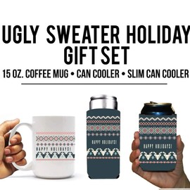VictoryStore Gift Pack: Happy Holiday Christmas Sweater Theme Mug & Can Cooler Gift Pack (13713), 15 Ounce Mug, 1 Standard and 1 Slim Can Cooler