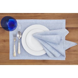 Solino Home Linen Cloth Placemats Set of 4-100% Pure Linen Chambray Blue Placemats 14 x 19 Inch - Athena - Christmas, Winter, New Year