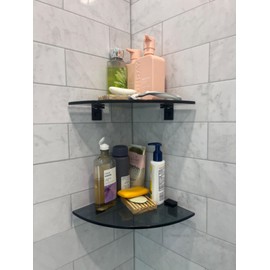 Bakzon 2-Pack Glass Shelf Shower Caddie, Shower Shelves for Inside Shower, Drilling Free Adhesive Wall Mounted Bathroom Organizer Shelves with Aluminium Brackets, Black
