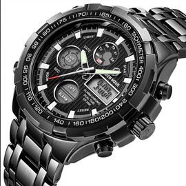 FAMVNTN Luxury Men Watches with Stainless Steel Analog Digital Watches for Men Male Outdoor Sport Waterproof Big Wristwatch