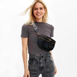 KKXIU Crossbody Sling Bag for Women Trendy Fanny Pack Vegan Leather Chest Bag, All Black, 8" x 3.5" 7", Fashion