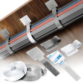 Cable Management Kit with 40 Self-Adhesive Hook and Loop Ties & 2 Extension Straps – 3M Sticky Cord Organizer for Under Desk, Home Office, Wall – Reusable Adjustable Nylon Wire Holders (White, Gray)