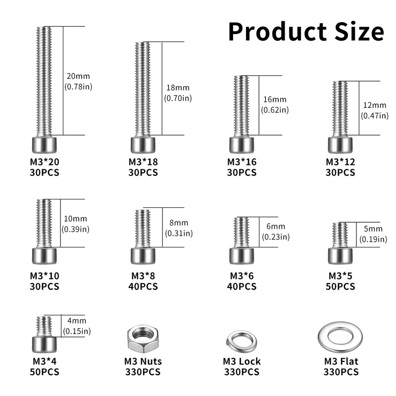 1320 Piece M3 Screws Set, Stainless Steel Screws M3 Cylinder