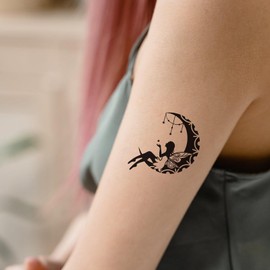 16 Sheets Moon Fairy Temporary Tattoos, Black Boho Crescent Angel Silhouette Stickers, Waterproof Body Art for Women Party Cosplay