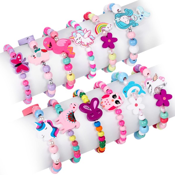 G.C 12 Pcs Girls Bracelets Jewelry for Kids Cute Unicorn Mermaid Animal Pendant Colorful Wooden Beaded Bracelets Princess Pretend Play Gifts for Toddlers