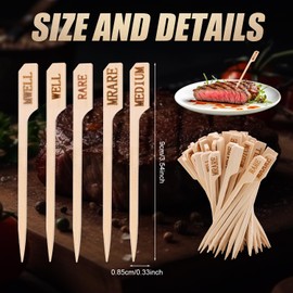 100pcs Steak Temperature Sticks, Meat Doneness Picks Wooden Skewers Steak Markers Wood Flat Skewers Cocktail Toothpicks Steak Accessories for Barbecue Fruit Grilling Roasting Party Cocktail