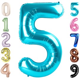 40 Inch 5 Balloons Number for 5th Birthday Decorations, Mylar Big Light Blue Foil Number Balloons for 2025 Wedding Anniversary Party Decor