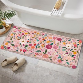 Pink Floral Bath Rugs, Non Slip Washable Boho Flower Bath Mats Rugs for Bathroom Floor Soft Bathroom Carpet, 16X24IN