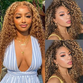 Sunber TL412 Honey Blonde Highlight Curly Human Hair Weave 3 Bundles for Women,12A Brazilian Remy Human Hair Bundles Balayage Colored (12” 14” 16”) Inch Human Hair Weave Sew in Extension