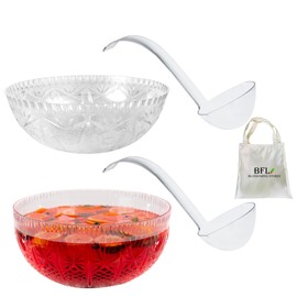 BFL Plastic Punch Ladles & Crystal Cut Plastic Punch Bowls 3.75 x 11 x 12 Inches Elegant Plastic Drink Serving Dishes Perfect for Elegant Parties Catering Banquets Bundle of 4 w/Bonus BFL Tote Bag