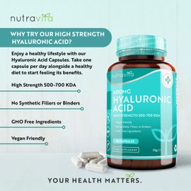 Nutravita Hyaluronic Acid Capsules - 3 Month Supply of 600mg Hyaluronic Acid Capsules - High Dose with 500-700 KDA - GMO Free with No Synthetic Fillers or Binders - Made in The UK