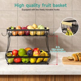 Sevenblue 3 Tier Fruit Basket for Kitchen Counter with 2 Mobile Banana Hangers, 2025 Pro Detachable Metal Fruit Bowl with Wooden Handle, Fruit Holder for Bread Snack Veggies with Protective Mats