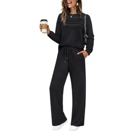 WIHOLL Womens Two Piece Travel Outfits Fall Fashion Long Sleeve Wide Leg Tracksuit Lounge Set Airport Loungewear Women's Sweatsuit Winter Black M
