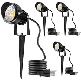 Warm White Spotlight Outdoor, 12W 3000K Landscape Spot Lights, IP65 Waterproof Garden Lighting, Metal Case COB LED Lights for Lawn Lamp US 3- Plug Yard Christmas Decoration with Stakes(4 Pack)