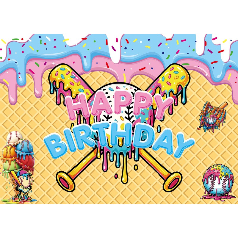 INRUI Ice Cream Drip Baseball Birthday Photography Backdrop 6x4FT