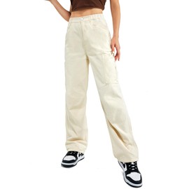 Znyeth Cargo Pants Women High Waist Baggy Jeans with 7 Pockets Casual Wide Leg Y3K Pants for Womens Work Pants Beige L