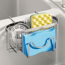 SWTYMIKI Sponge Holder for Kitchen Sink - Movable Kitchen Caddy with M Shape Hook, Stainless Steel Hanging Sponge Caddy for Sponges, Brush, Stopper Organizer in Double Bowl Sink, Silver