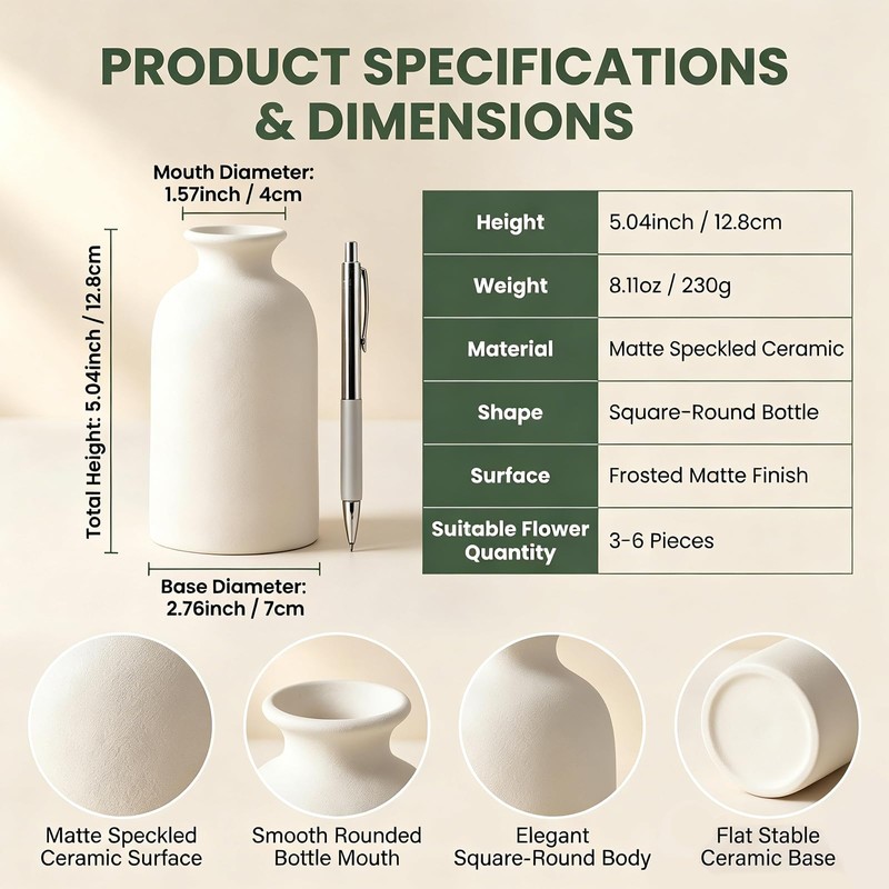 White Matte Ceramic Bud Vase, 5" Small Minimalist Vase for