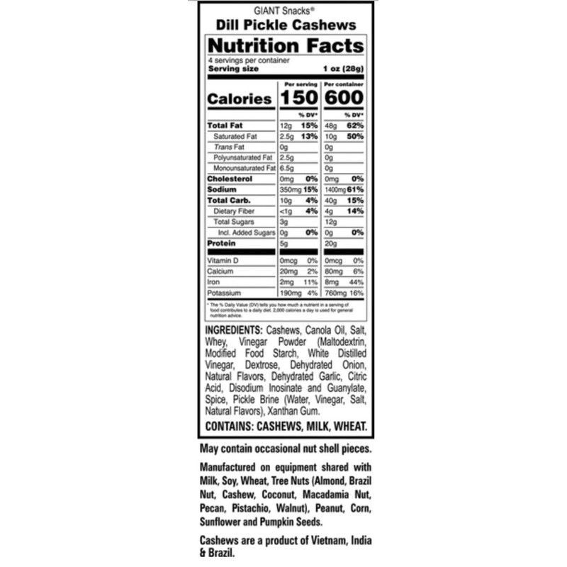 GIANTS Dill Pickle Flavored Cashews, (8-4 oz. Bags)