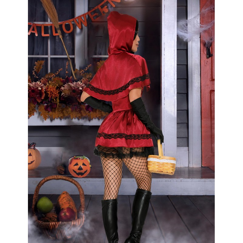 GERVAISE Womens Red Costume Dress with Cape Basket Gloves Stocking