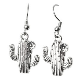 Saguaro Cactus with Flower - 20x15mm - Silver alloy charm dangle earrings. Hypoallergenic Stainless-Steel Fishhook or Ball-Post. Silver Plated Ball-Post, or Silver Tone Clip-on Earrings Opt.