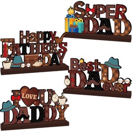 4pcs Fathers Day Decorations Table Centerpiece Wooden Happy Fathers Day Decorations Super Dad Best Dad Ever Table Topper Tiered Tray Decor for Home Office Fathers Day Party Decor Supplies