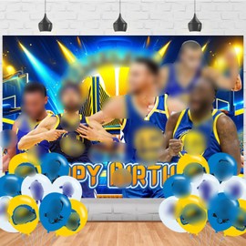 Golden State Basketball Birthday Decorations,Warriors Happy Birthday Banner Backdrop for Golden State Party Supplies (5x3ft)