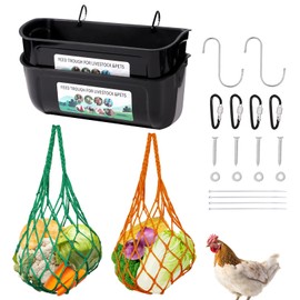 lasuroa 2pcs Hanging Chicken Feeder and 2pcs Chicken Vegetable String Bags, 4.5 Quart Chicken Water Dispenser Fruit Holder Feeding Containers with Clips for Livestock Poultry Duck Goose Pig Dog Goat