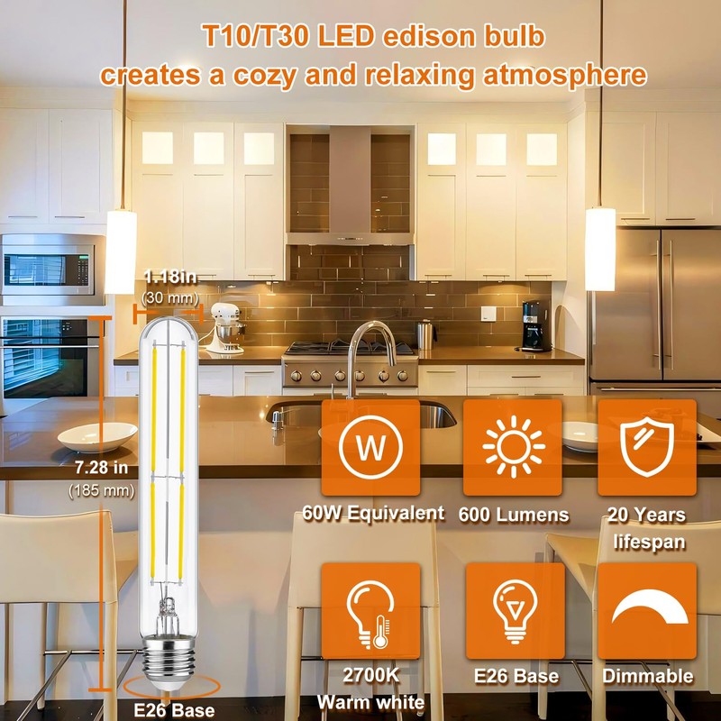 Vinaco T10/T30 LED Edison Bulb, 2 Pack Dimmable No Flicker