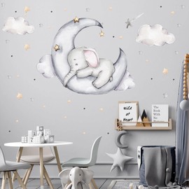 WANDKIND Elephant on the Moon Wall Sticker V311 | Hand-Drawn | Sticker Nursery | Wall Sticker Children's Room Elephants with Stars Elephant Crescent Moon (60 x 60 cm)