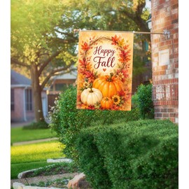 Happy Fall House Flag 28x40 Double Sided, Pumpkin Wreath Autumn Outdoor Large Yard Flag, Seasonal Porch Lawn Farmhouse Harvest Decor