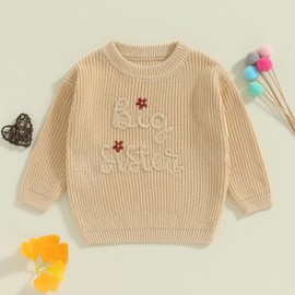 Baby Girl Cute Sweaters Sister Letter Flower Embroidery Long Sleeve Round Neck Knitwear Fall Winter Pullover Tops (F-a-Khaki, 18-24 Months)