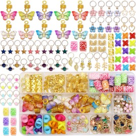 NAISKA 140Pcs Gold Butterfly Hair Jewelry for Braid Colorful Star Flowers Loc Dreadlocks Hair Accessories Colorul Acrylic Loc Bead Braid Accessories Hair Coils Rings Cuffs