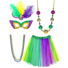 7 Pcs Mardi Gras Costume Accessories Set Women Outfit Tutu Skirt Headband Masquerade Mask Feathered Beads Boas for Women Carnival Costume Party Supplies