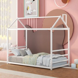 Harper & Bright Designs Metal Twin Size House Beds, Floor House Platform Bed Frame with Roof and Chimney Design, Montessori Bed for Toddlers Kids Teens (White