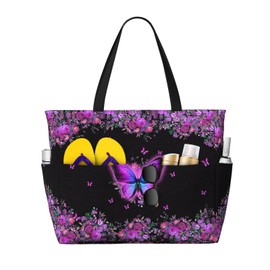 Owlfder Large Beach Bag for Women Elegant Purple Butterfly Floral Waterproof Travel Shoulder Tote Bag with Pocket for Weekender Pool Vacation