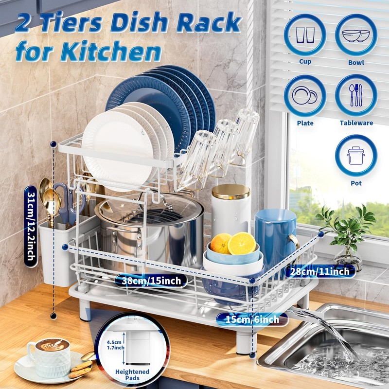 GAOKASE 2 Tiers Dish Drying Rack, Space-Saving Dish Racks for
