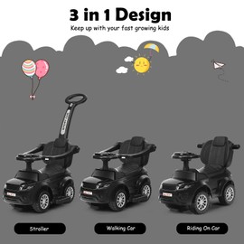 Costzon 3 in 1 Ride on Push Car, Stroller Sliding Walking Car with Horn, Music, Light, Under Seat Storage, Parental Handle, Armrest Guardrails, Ride on Toy for Boys & Girls (Black)