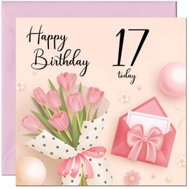 17th Birthday Card for Girls - Ladies Pink floral Birthday Cards for year 17 old Girl seventeen, seventeenth Daughter Friend Woman Niece teens Sister Girls for her