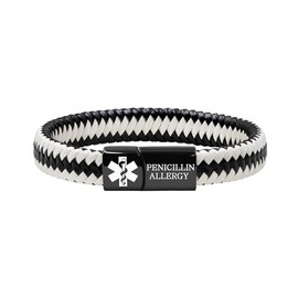 Zircobic Elegant Black/White PU Braided Quick Recognition Health Alert Jewelry - Engraved Penicillin Allergy Bracelet, Comfortable Low-Allergy Medical ID Bracelet for Active Individuals